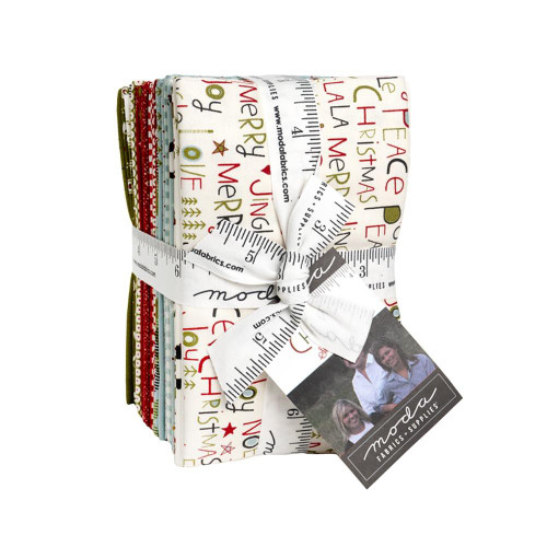 Moda Fabrics Chilly Christmas Fabrics by Sweetwater Fat Eighths Bundle 32 fabrics, colorful Christmas-themed printed fabrics bundled together with a measuring stick and ribbon.