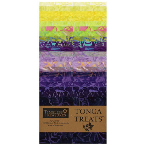 Timeless Treasures Fabrics Tonga Batiks Lilypad Purple Green 40 Jelly Roll Strips 2.5 by 44 inches, colorful batik fabric strips with purple, green, yellow, pink, and blue floral and abstract patterns arranged vertically.