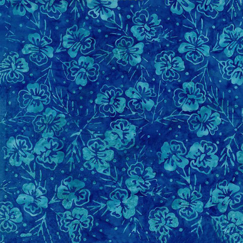 Timeless Treasures Fabrics Tonga Batiks Fandango Blue Painted Flowers, vibrant blue batik fabric featuring a floral pattern with painted flowers and leaves.