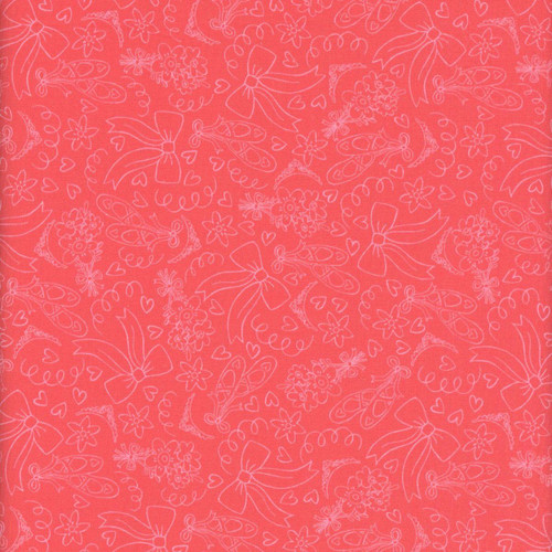 Windham Fabrics Twirling Tutus Whistler Studios Coral Pink Dance Attire, pink fabric with white floral and bow pattern.