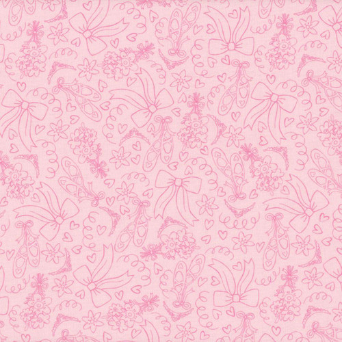 Windham Fabrics Twirling Tutus Whistler Studios Blush Pink Dance Attire, pink fabric featuring a pattern of ballet slippers, bows, flowers, and hearts.