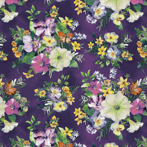 Windham Fabrics Violeta Whistler Studios Violet Purple Pansy Bouquets, a vibrant floral fabric pattern with purple, yellow, white, and green flowers and butterflies on a deep purple background.