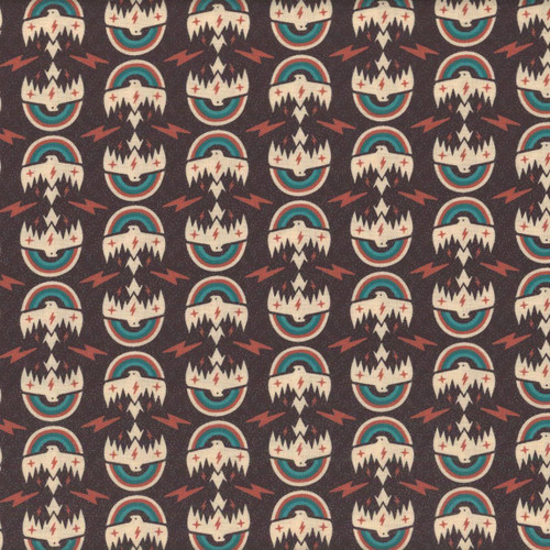 Windham Fabrics Copper Sky Kassie Kussman Onyx Black Grey Echo Flight fabric with a repeating pattern of stylized eagle and rainbow motifs in black, white, red, and blue colors.