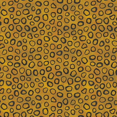 Windham Fabrics The Flannel One Marcia Derse Ocelot Gems, fabric with a yellow background and black irregular circle pattern.
