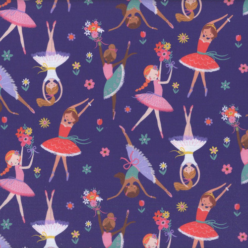 Windham Fabrics Twirling Tutus Whistler Studios Violet Purple Little Ballerinas, colorful ballet dancers in pink tutus with floral and bouquet accents on purple background.