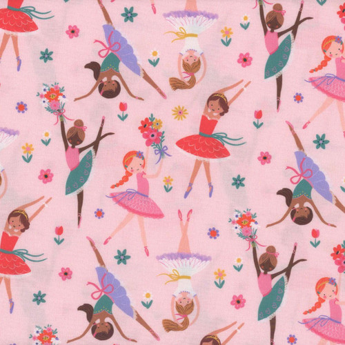 Windham Fabrics Twirling Tutus Whistler Studios Blush Pink Little Ballerinas, fabric pattern featuring adorable ballerinas in pink tutus dancing and holding flowers on a blush pink background.