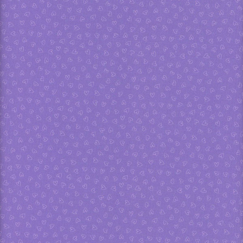 Windham Fabrics Twirling Tutus Whistler Studios Purple Open Hearts fabric, a purple textile with a pattern of white open hearts.