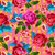 FreeSpirit Fabrics Riviera Odile Bailloeul Al Fresco Roses Plaid Pink, vibrant floral fabric with pink, red, blue flowers and green leaves on a pink and yellow striped background.
