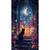 Timeless Treasures Fabrics Fantasia Fantasia Panel 24 Multi, colorful fantasy scene of a black cat sitting on stone steps in front of a large ornate stained glass window with a crescent moon, glowing sunset, and vibrant flowers surrounding a magical, luminous sky.