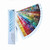 Aurifil Swatch Book 1.1 Fan Fold Swatches. Compact and easy-to-use layout with removable swatch cards nestled within an attractive and informational cardboard booklet, secured with a sleek metal pin. Aurifil color names conveniently listed alongside color numbers. Fifteen thread swatch cards showcasing all 270 cotton colors for 12wt, 28wt, 40wt, 50wt, and floss and including tiny brown and yellow spools shown to the left of select swatches to indicate availability of 80wt (88 total) and Forty3 (74 total) hues.
