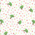 Andover Fabrics The Very Hungry Caterpillar Snack Time Cream Caterpillar on Leaves fabric, with green caterpillars, leaves, and red, yellow, and orange polka dots on a white background.