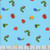 Andover Fabrics The Very Hungry Caterpillar Snack Time Light Blue Caterpillar Fruits Vegetables fabric, featuring colorful illustrations of caterpillars, apples, strawberries, pears, blueberries, and oranges on a light blue background.