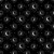 In the Beginning Fabrics La Luna Jason Yenter Black Silver Moons, celestial print fabric featuring white crescent moons surrounded by radiant starburst and small celestial motifs on a black background.