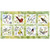 Quilting Treasures Fabrics Drawn To Birds Jane Maday Green Bird Picture Patches Panel, colorful illustration of various bird species with their names on a green watercolor background.
