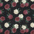 Wilmington Prints Crimson Blooms Beth Grove Peonies over Damask Red Cream Black, floral fabric pattern with red and white peonies on a black damask background.
