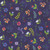 Henry Glass Fabrics Down the Fairy Path Color Principle Royal Multi Mini Wildflowers, a fabric with a dark blue background featuring a vibrant floral pattern with multicolored small wildflowers and green leaves.
