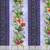 Henry Glass Fabrics Down the Fairy Path Color Principle Lilac Royal Small Border Stripe, fabric with lilac background featuring vertical colorful floral and stripe pattern.
