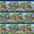 Henry Glass Fabrics Down the Fairy Path Color Principle Forest Multi Large Border Stripe, colorful fairy tale forest scene with mushrooms, fairy characters, mushroom houses, and lush greenery.