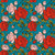 FreeSpirit Fabrics Love Letters by Club Hauer Roses Are Falling Teal, floral fabric pattern with pink and red roses and green leaves on a teal background.
