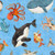 Quilting Treasures Fabrics Aquatic Adventures by Dan Morris Blue Sea Creatures, underwater scene with various colorful ocean animals including a whale, orca, fish, octopus, and dolphin.