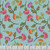 Riley Blake Fabrics Zinnias Lila Tueller Thistles Aqua, a fabric with a floral pattern featuring pink, orange, and purple zinnia flowers and green thistle leaves on a light blue background with small dots.