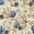 Blank Quilting Fabrics Autumn Vibes Multi Motif Allover, autumn-themed fabric with pumpkins, sunflowers, and fall leaves in beige, blue, and gold colors.