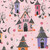 Blank Quilting Fabrics Ghostly Greetings Lt. Pink Haunted Houses, Halloween-themed fabric with haunted house illustrations, pumpkins, bats, moons, ghosts, and spooky trees on a pink background.