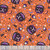Blank Quilting Fabrics Ghostly Greetings Orange Cauldrons, a Halloween-themed fabric with purple cauldrons, moon, stars, potion bottles, and brooms on an orange background.