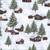 Timeless Treasures Fabrics Winter Wonderland Katie Hennagir Multi White Green Snowy Cabins, fabric with a pattern of snowy cabins, evergreen trees, and snowflakes on a white background.