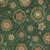 Andover Fabrics Good Tidings by Makower UK Green Snow Crystal, Christmas-themed fabric with gold, red, white, and blue snowflake and star patterns on a green background.