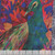 Benartex Fabrics Affinity Danielle Duer Teal Blue Affinity Panel, colorful artistic illustration of a peacock surrounded by vibrant flowers and foliage, with a detailed patterned border on the right side.