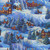 Blank Quilting Fabrics Frostykins Ray Heere Blue Scenic Winter Village, detailed illustration of a snowy winter village with cozy houses, snow-covered trees, and glowing windows.