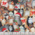Windham Fabrics Meowy Christmas Big Eyes Christmas Cat Collage, festive fabric featuring cartoon cats with big eyes wearing Christmas hats, reindeer antlers, and bows in red, green, and white colors.