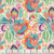 Quilting Treasures Fabrics Exotica Dan Morris Cream Pink Blue Iris, colorful floral fabric pattern with vibrant pink, orange, blue, and purple flowers and green leaves.