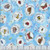 Quilting Treasures Fabrics Healing Garden Jane Maday Blue Insect Bubbles, fabric featuring illustrated insects in bubbles on a blue background with colored splotches.