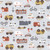 Dear Stella Fabrics Are We There Yet? Paint Love Studio Fog Spinning My Wheels fabric with a whimsical transportation pattern featuring cars, bikes, ambulances, fire trucks, and various vehicles in soft muted colors.