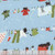 Dear Stella Fabrics Cats in the Laundry Leezaworks Sky Blue Hanging Out, fabric with playful black cats hanging clothes on a line with laundry and socks, in a sky blue background.