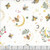 Dear Stella Fabrics Sting Like a Bee White, fabric with a whimsical print of bees, moons, stars, and floral elements in yellow, pink, green, and black on a white background.
