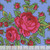 Kaffe Fassett Collective for FreeSpirit Fabrics February 2026 by Kaffe Fassett Rosie Sky, floral fabric with pink roses and green leaves on a blue background.