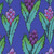 Kaffe Fassett Collective for FreeSpirit Fabrics February 2026 by Kaffe Fassett Hyacinth Blue fabric pattern with stylized purple and pink floral motifs and green leaves on a deep blue background.