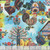 Benartex Fabrics Farm Feathered Folk Nicole Decamp Folk Farm Scenic Multi, colorful farmyard scene with roosters, chickens, trees, and traditional farm buildings on fabric.