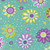 Moda Fabrics Pick Me Me and My Sister Designs Flower Power Aqua, colorful floral fabric with purple, yellow, and white flowers on a teal background.