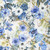 In The Beginning Fabrics Sanctuary by Jason Yenter Cream Roses Ferns Leaves, floral print fabric with blue and white flowers, green and yellow leaves, and brown stems.