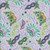 Dear Stella Fabrics Mardi Gras Masks Multi, colorful fabric with a Mardi Gras mask pattern in shades of purple, green, yellow, and pink with decorative beads and feathers.