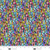 Blank Quilting Fabrics Metro Mirage Ray Heere Blue Crackle Glass, colorful stained glass mosaic pattern in shades of blue, pink, yellow, green, and purple with black outlines.