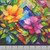 Studio E Fabrics Fabrics Flower Fusion Crazy Marie Multi Blocks, colorful floral fabric pattern with vibrant pink and orange flowers and green leaves.