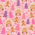 Mia Presley Designs Fabrics Sugar Plum Pink Purple Gingerbread Wonderland House Pine Trees, holiday-themed fabric with gingerbread houses, Christmas trees, gingerbread men, candy canes, and snowflakes on a pink background.