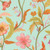 Moda Fabrics Floral Fondant Linn Warme Nouveau Floral Vine Sky Aqua Blue, close-up of a floral fabric pattern featuring pink, orange, yellow, and purple flowers with green leaves on a sky aqua background.