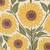 Moda Fabrics Garden Series Katharine Watson Sunflower Floral Cream, close-up of sunflower pattern with yellow petals, brown centers, and green leaves on a cream background.