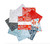 Riley Blake Fabrics Decorator Style Batiks Americana Red White and Blue Stacker Ten Inch Squares, colorfully arranged fabric squares with floral and leaf patterns in red, white, blue, black, and gray.